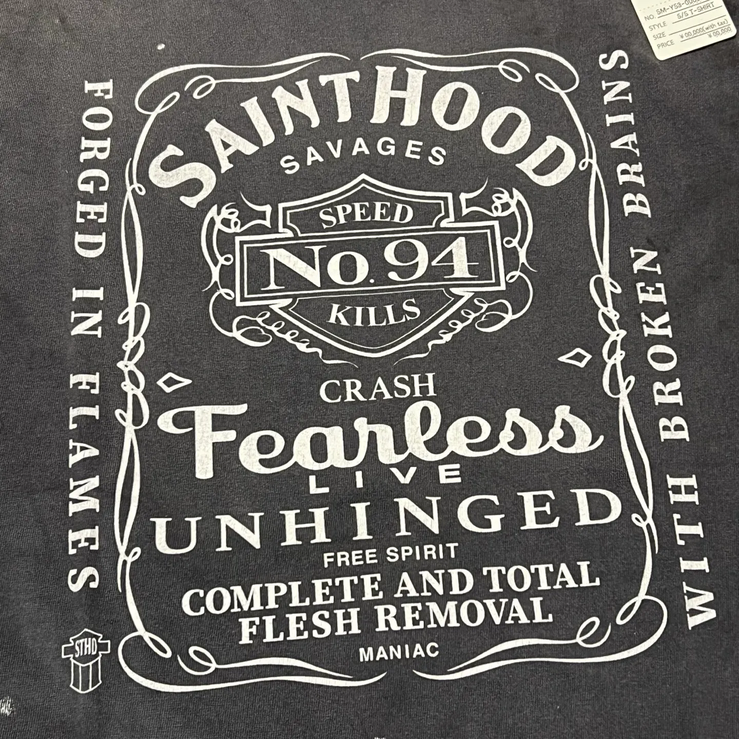 SAINT Mxxxxxx × NEIGHBORHOOD STHD . SS TEE FEARLESS/BLK NBHD Takizawa Shinsuke co-branded whiskey label/love skull angel distressed short sleeves washed black S-XL tube weave without side seam fabric ready-made Assute dyeing custom-woven NBHD co-branded main mark washed mark truly correct version top-level printing process restoration distressed treatment